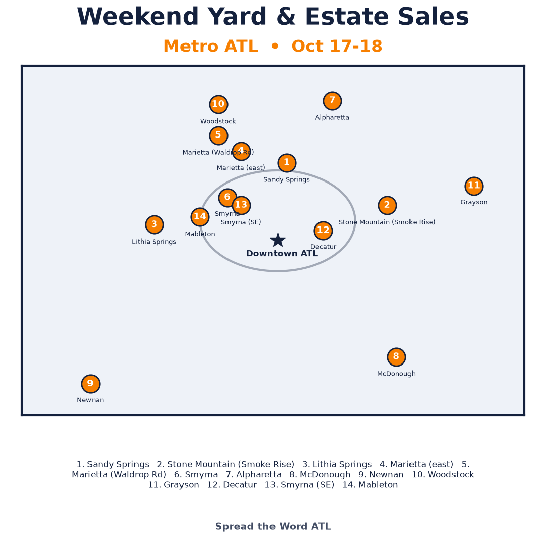Map of yard, garage and estate sales around metro Atlanta, Oct 17-18, 2026